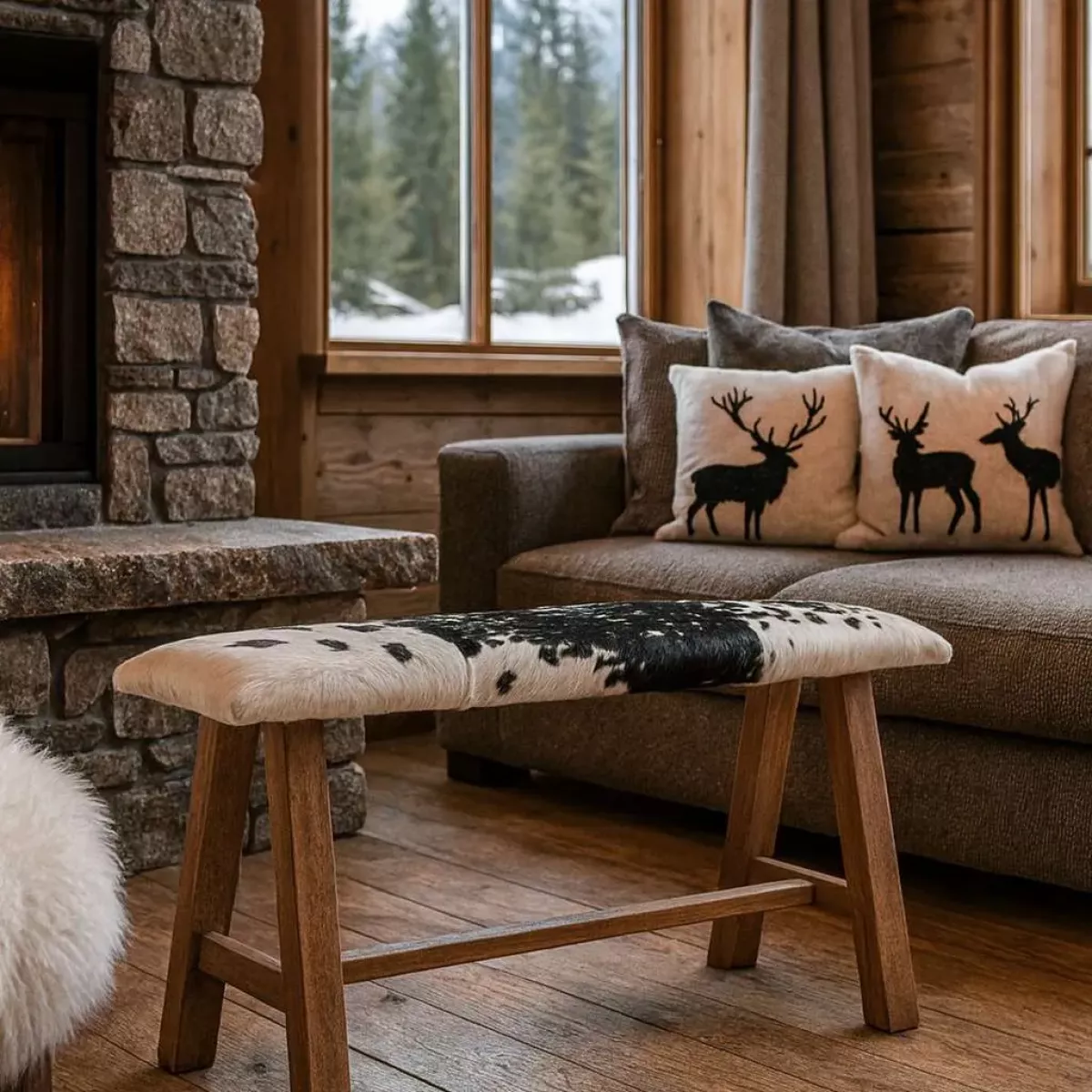 BANC EN BOIS PEAU DE VACHE