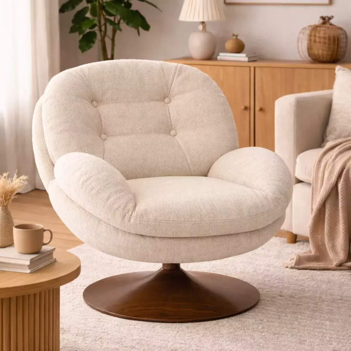 FAUTEUIL BEIGE PIED BOIS