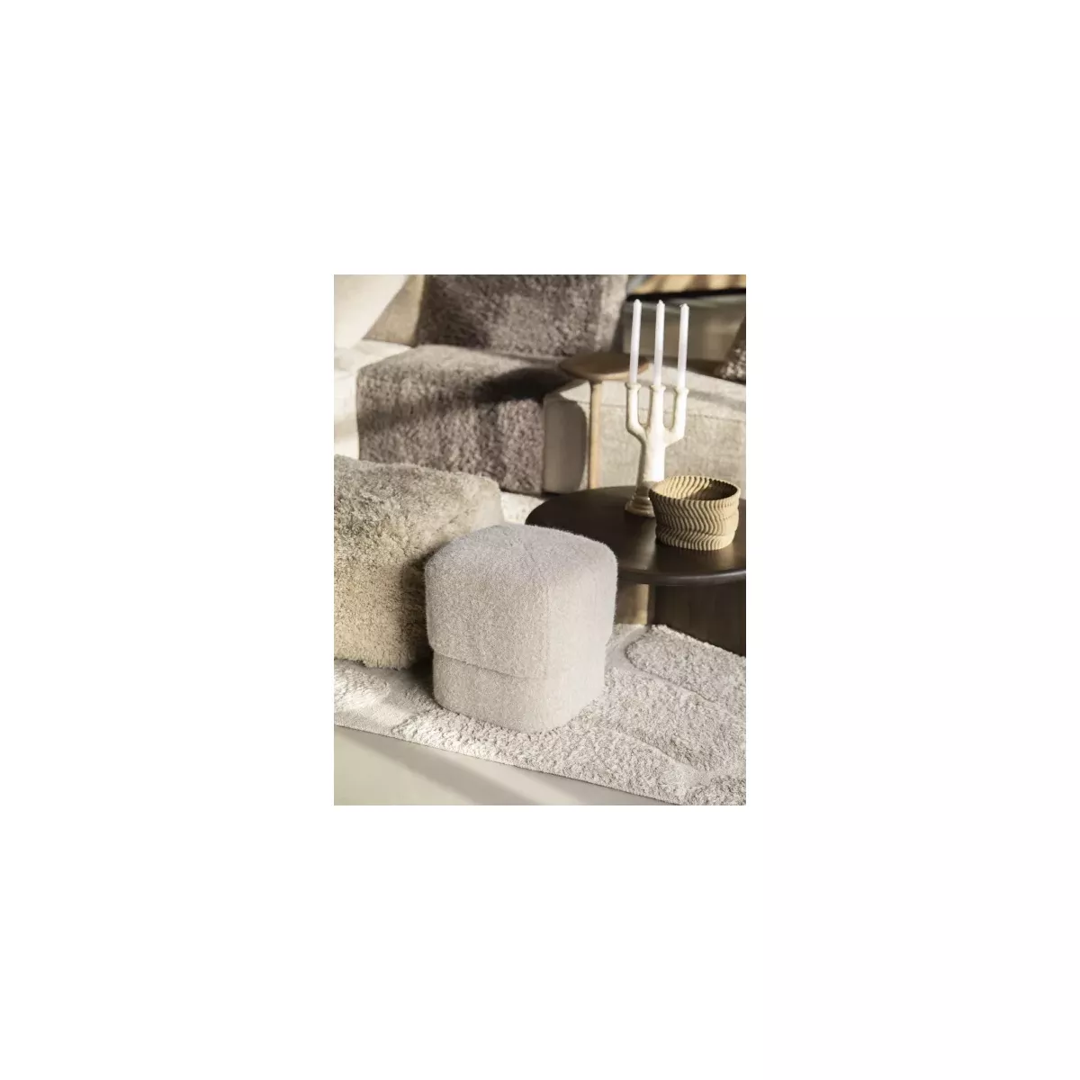 POUF TISSU EFFET LAINE BEIGE