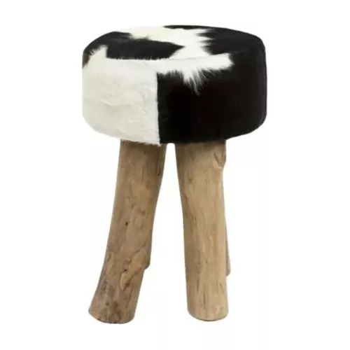 TABOURET ROND EN PEAU DE VACHE NOIR ET BLANC