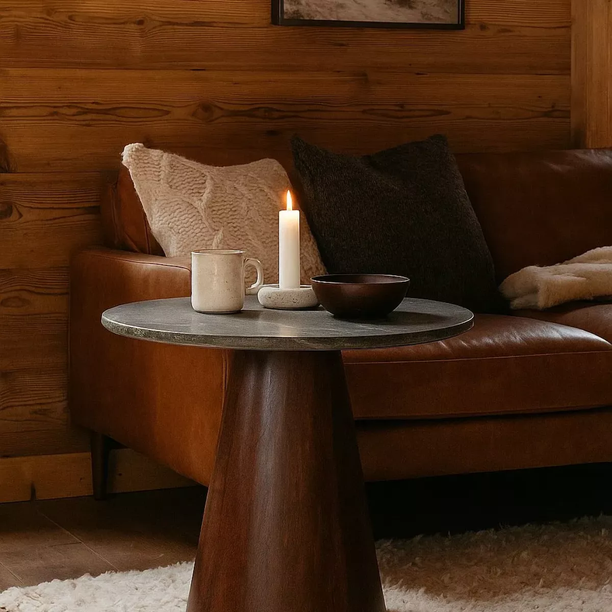 TABLE  BASSE MARBRE ET BOIS DE MANGUIER