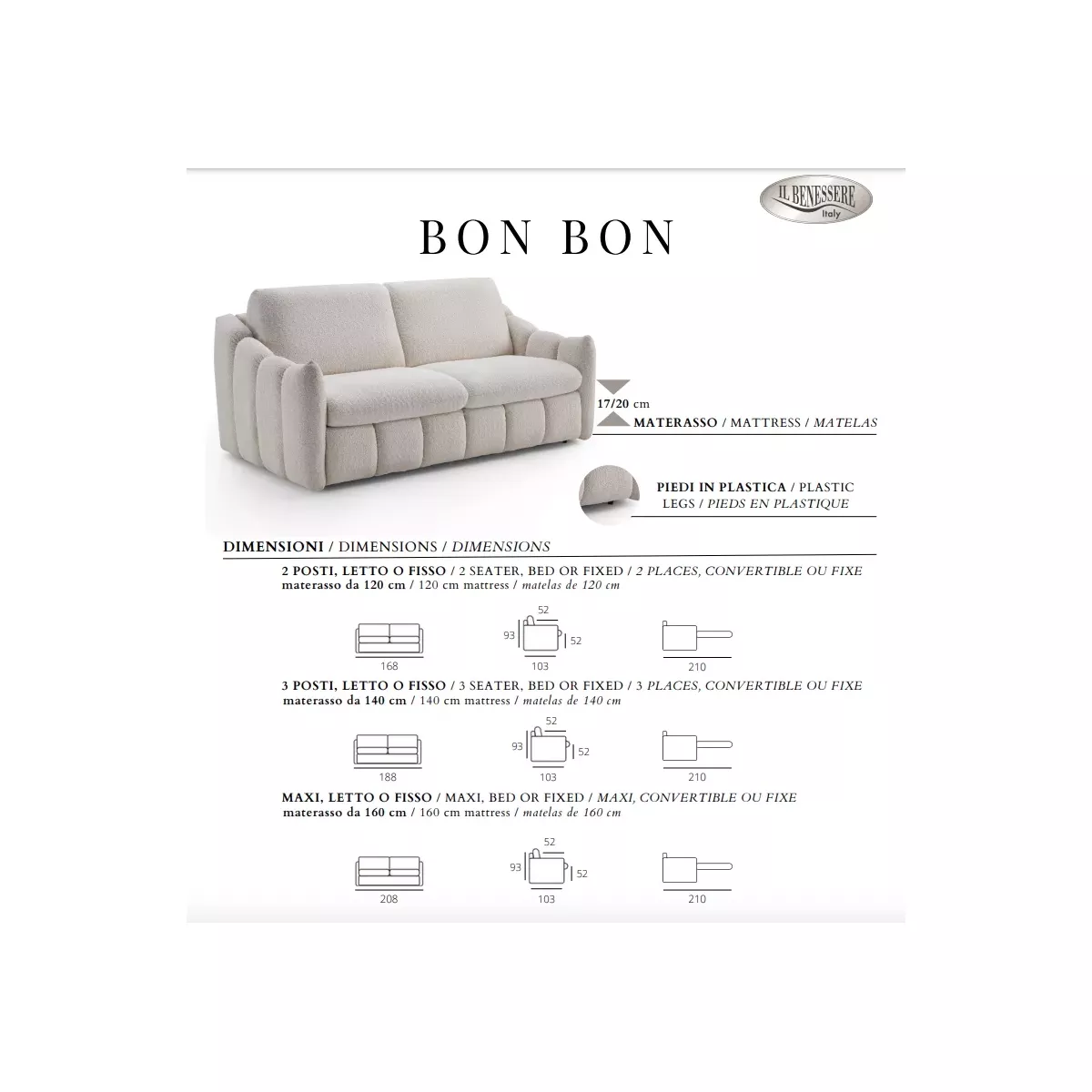 CANAPÉ 3 PLACES CONVERTIBLE BON BON 140X195 CM H17 CM/25 KG DENSITE