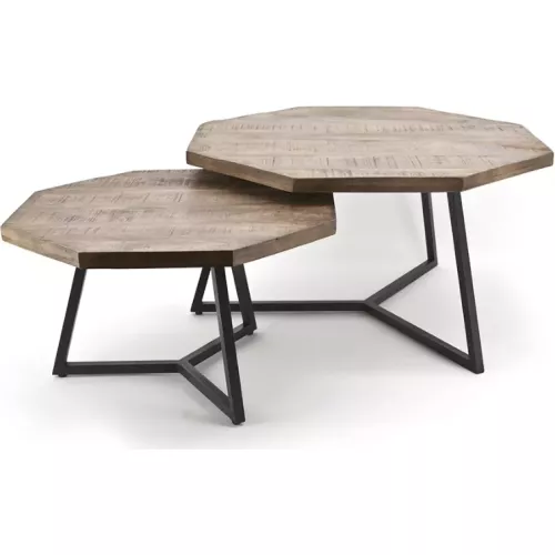 LOT DE 2 TABLES BASSES EN BOIS DE MANGUIER ET MÉTAL