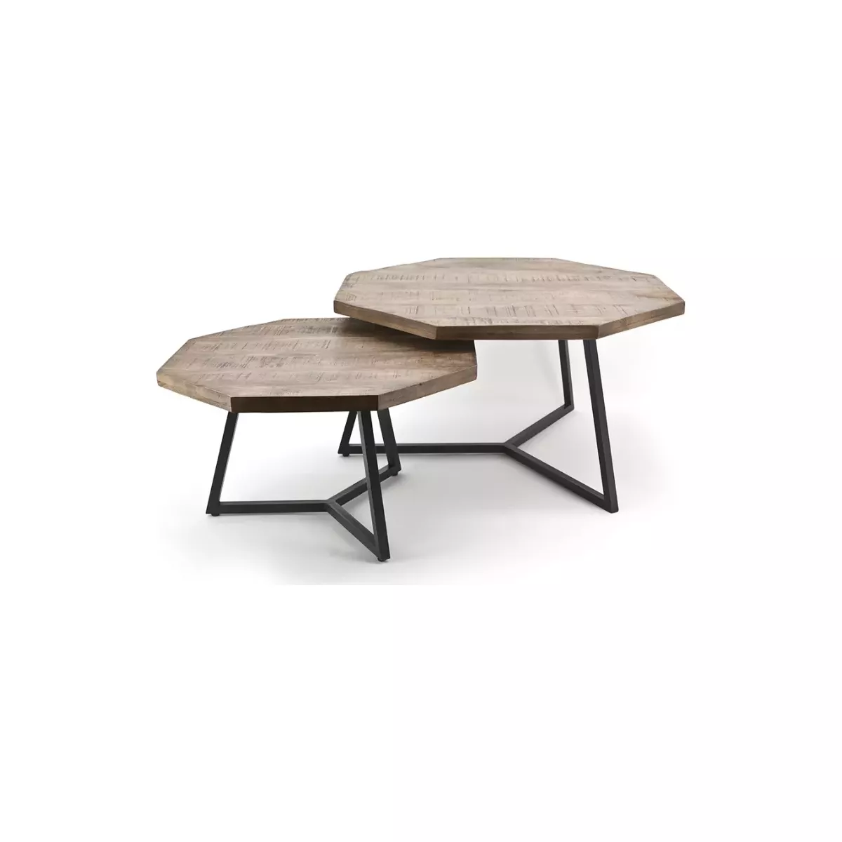LOT DE 2 TABLES BASSES GIGOGNE EN BOIS DE MANGUIER ET MÉTAL
