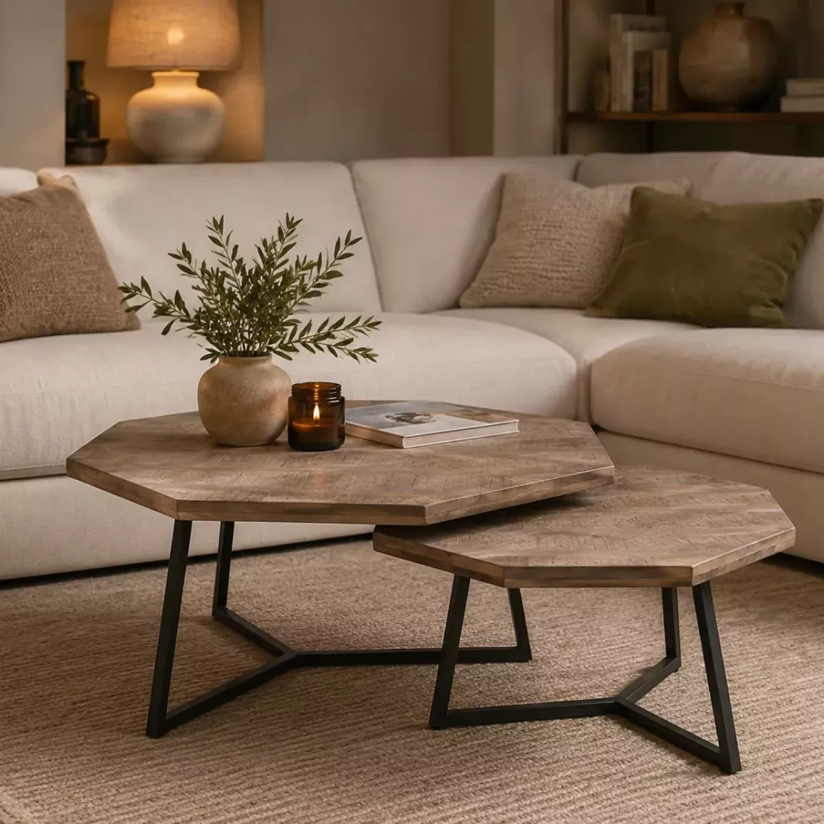 LOT DE 2 TABLES BASSES GIGOGNE EN BOIS DE MANGUIER ET MÉTAL