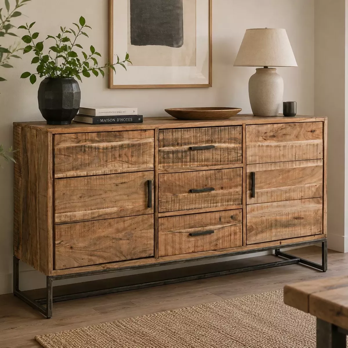 BUFFET ELMERA EN BOIS D'ACACIA 2 PORTES , 3 TIROIRS