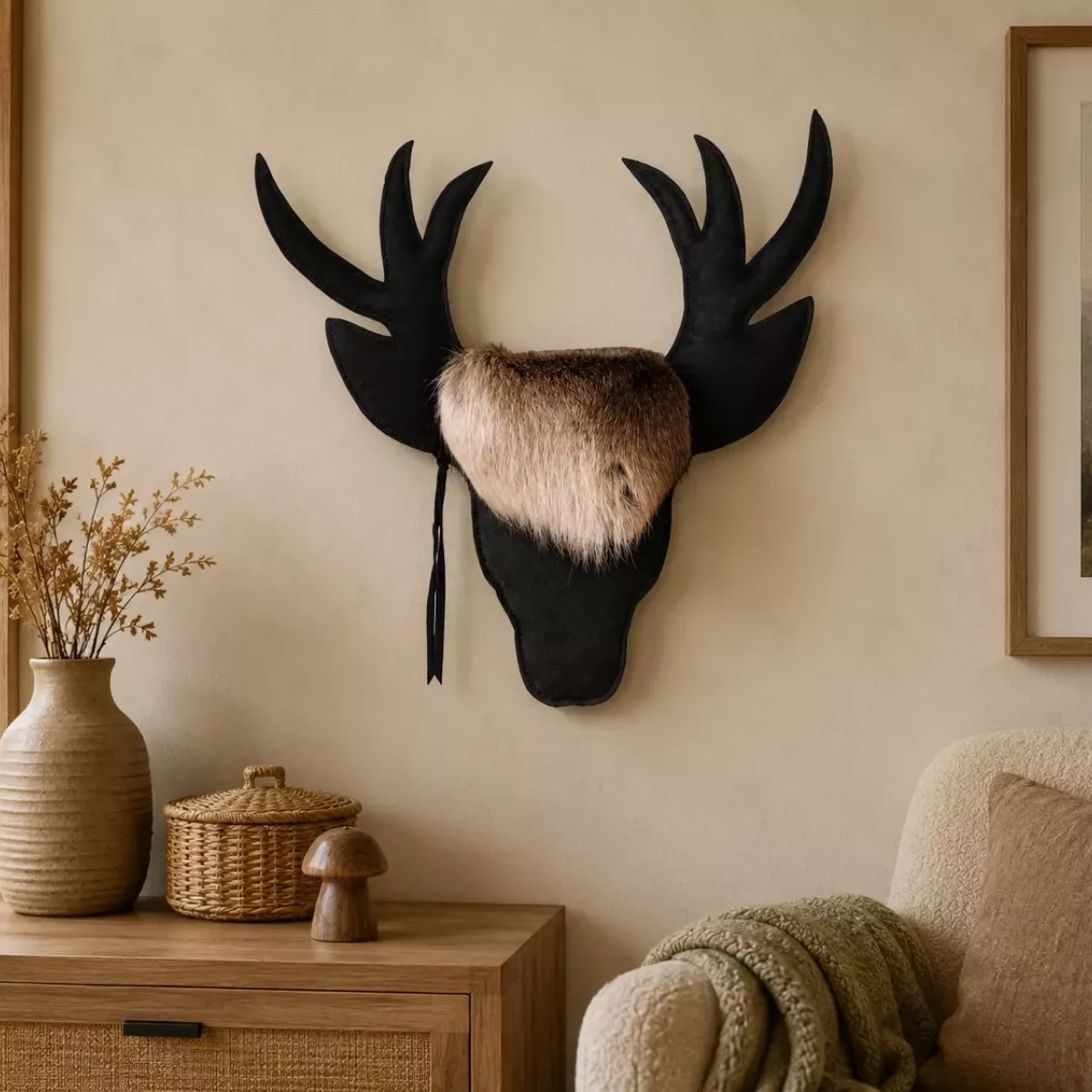 TROPHÉE CERF NOIR SUÉDINE ET PEAU DE RENNE
