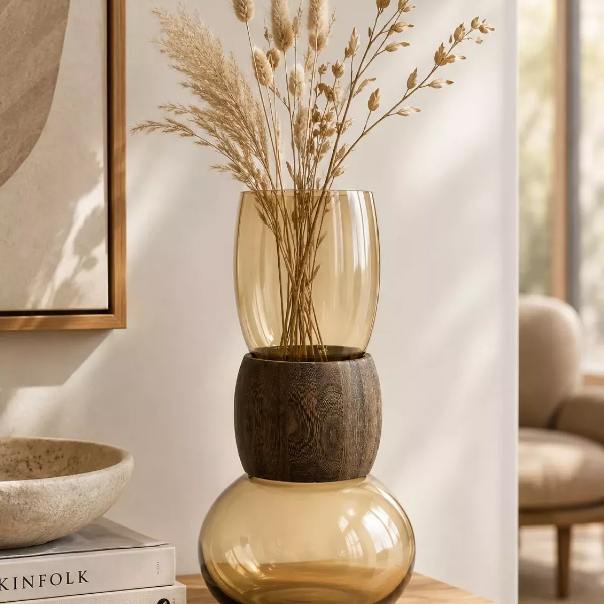 VASE MARRON VERRE ET BOIS