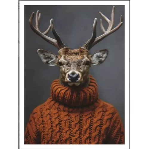 TABLEAU SUR DIBOND CERF AVEC PULL ORANGE 90X60 CM