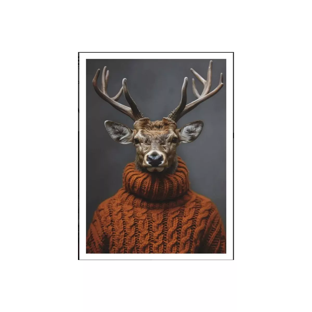 TABLEAU DIBOND CERF AVEC PULL ORANGE 90X60 CM