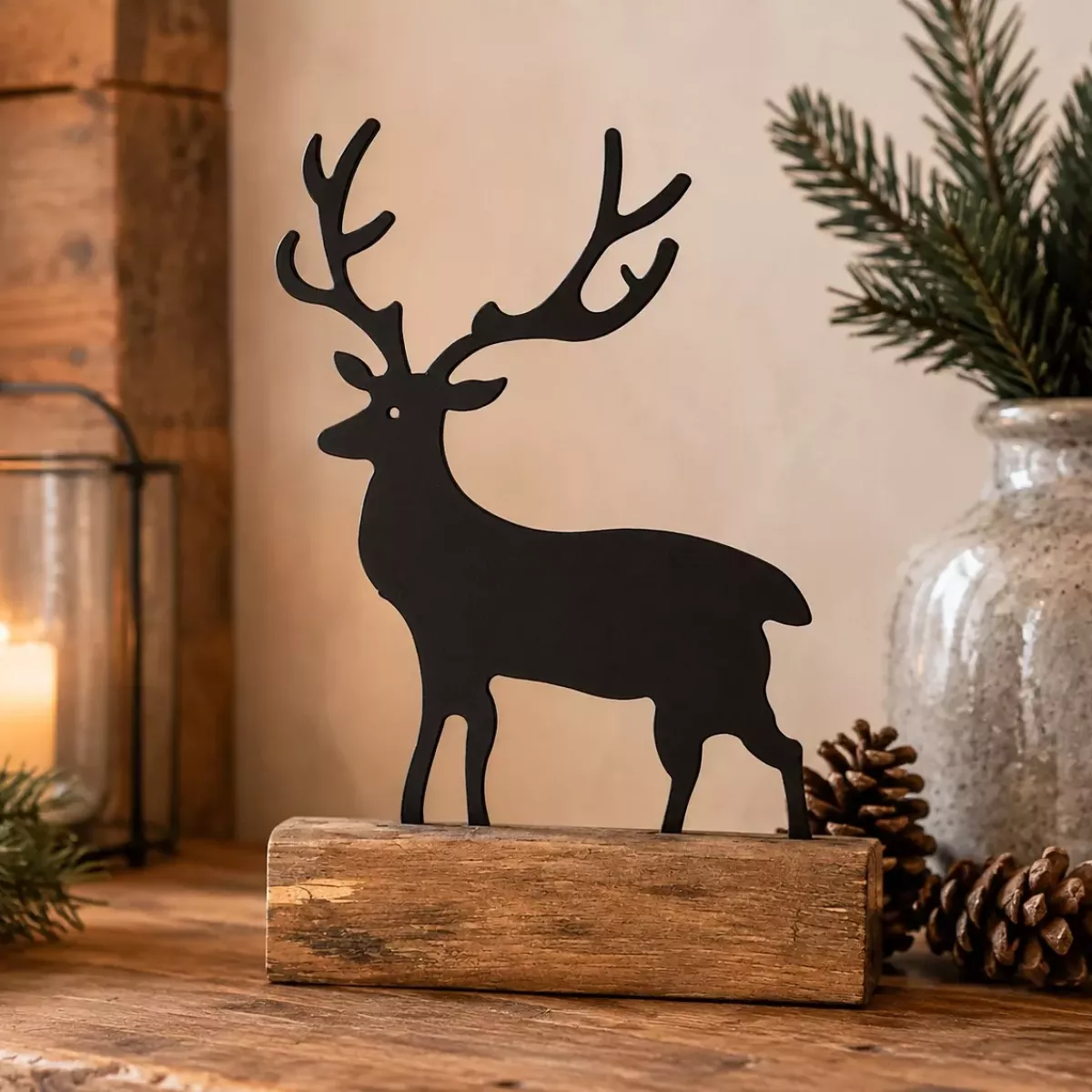 CERF MÉTAL SUR SOCLE EN BOIS