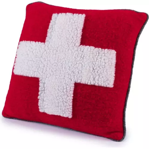 COUSSIN EN LAINE CROIX SUISSE ROUGE ET GRIS 50X50 CM
