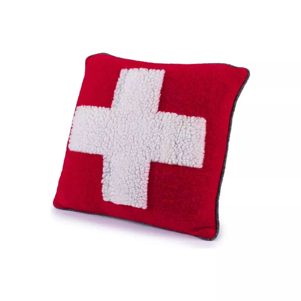 COUSSIN EN LAINE CROIX SUISSE ROUGE ET GRIS 50X50 CM