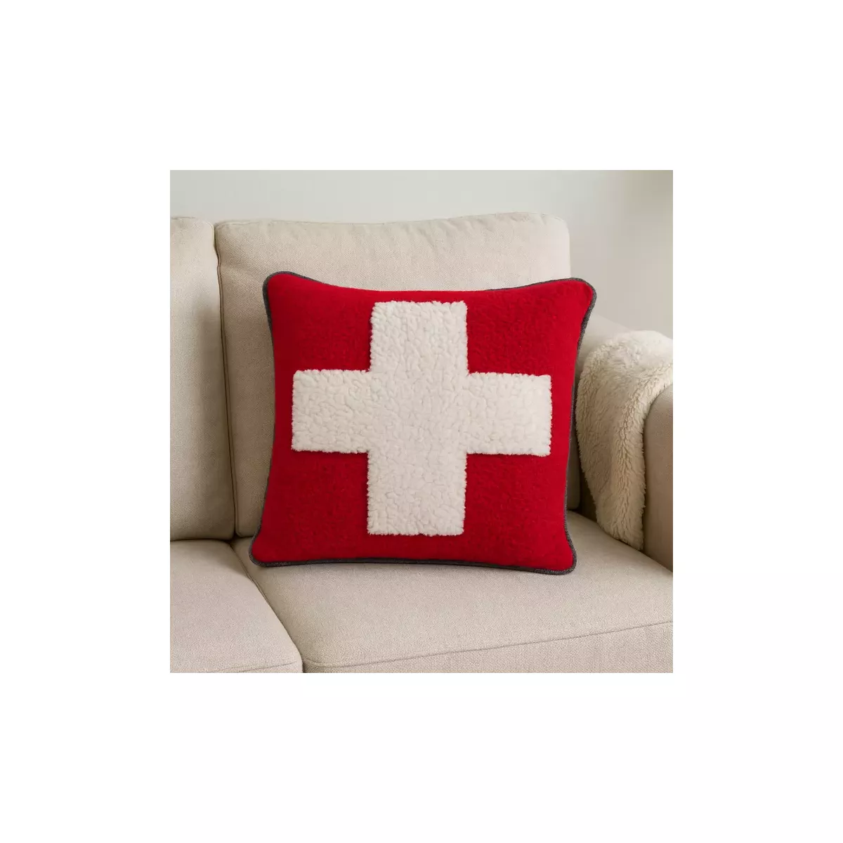 COUSSIN EN LAINE CROIX SUISSE ROUGE ET GRIS 50X50 CM