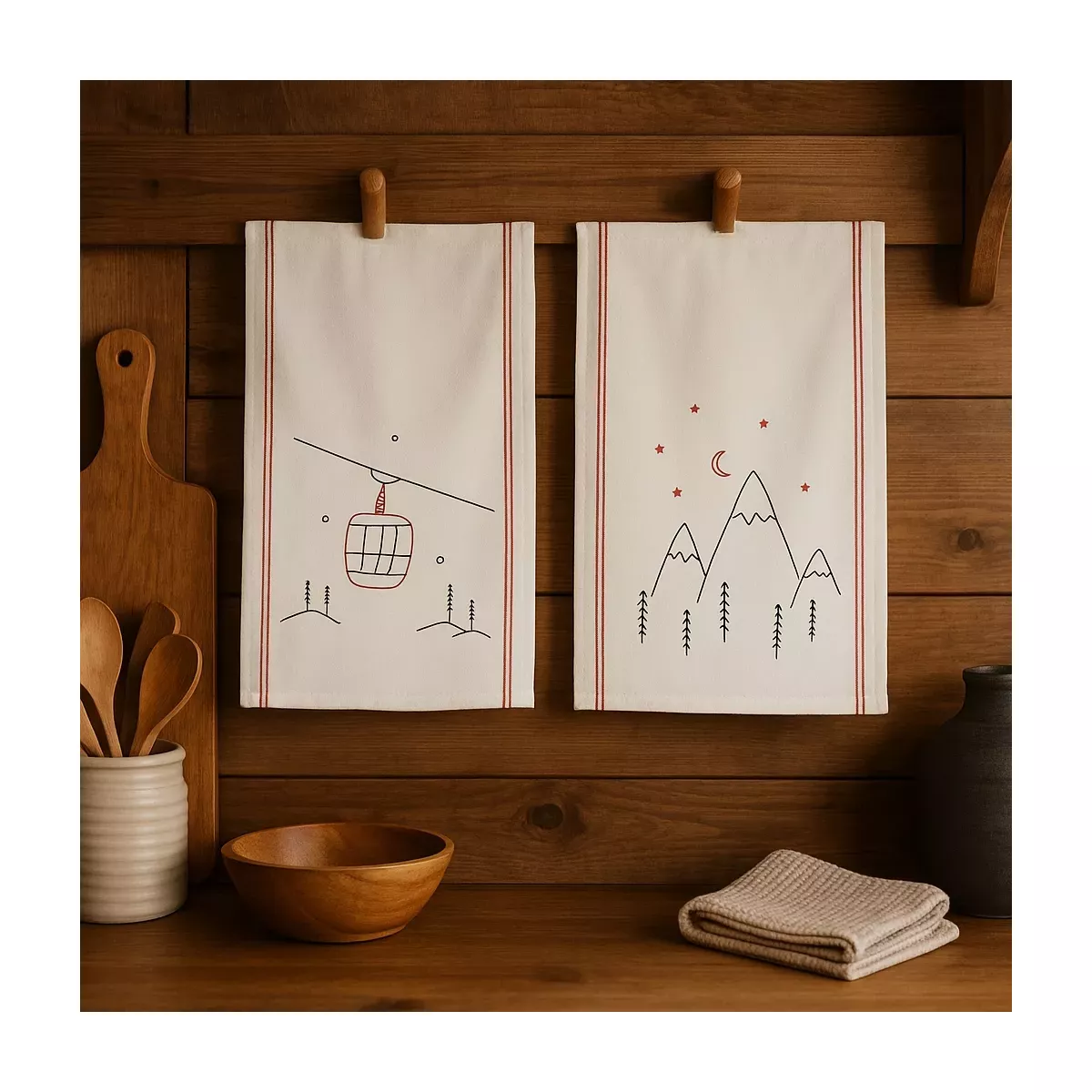 SET DE 2 TORCHONS TELECABINES/SAPINS