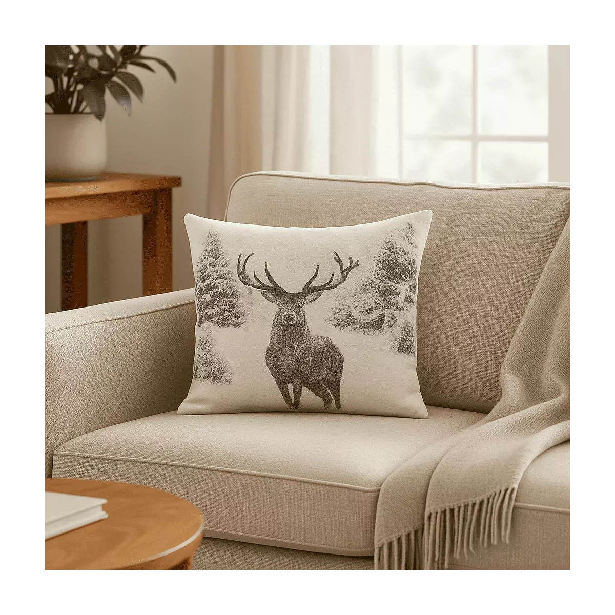 COUSSIN CERF EN FORÊT 60X60 CM