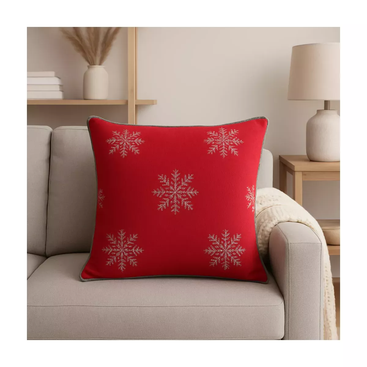 COUSSIN ROUGE FLOCON GRIS