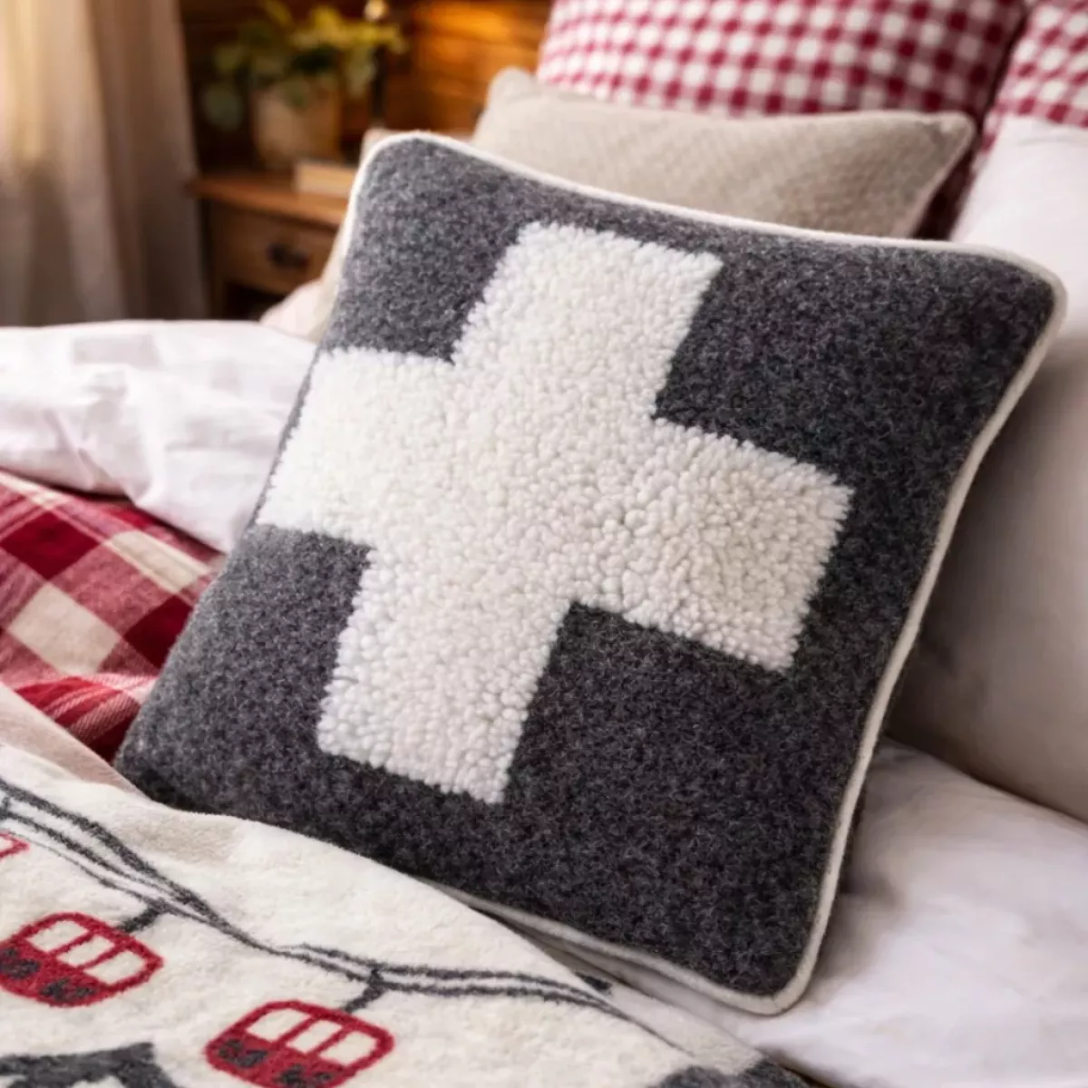 COUSSIN GRIS FONCE CROIX BLANCHE