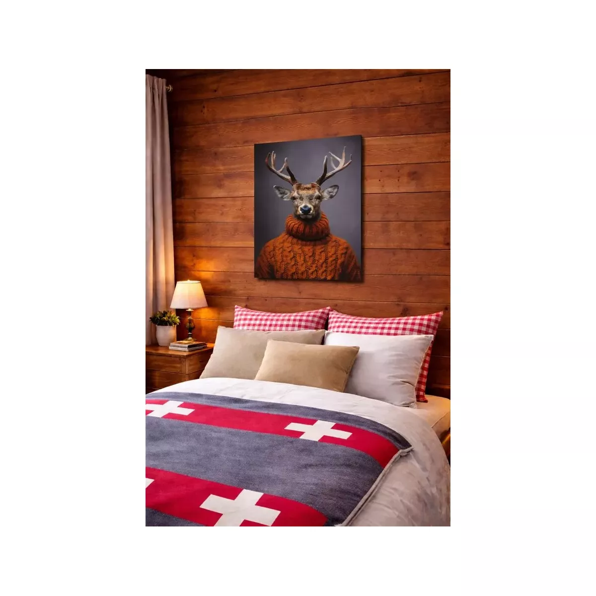 TABLEAU DIBOND CERF AVEC PULL ORANGE 90X60 CM