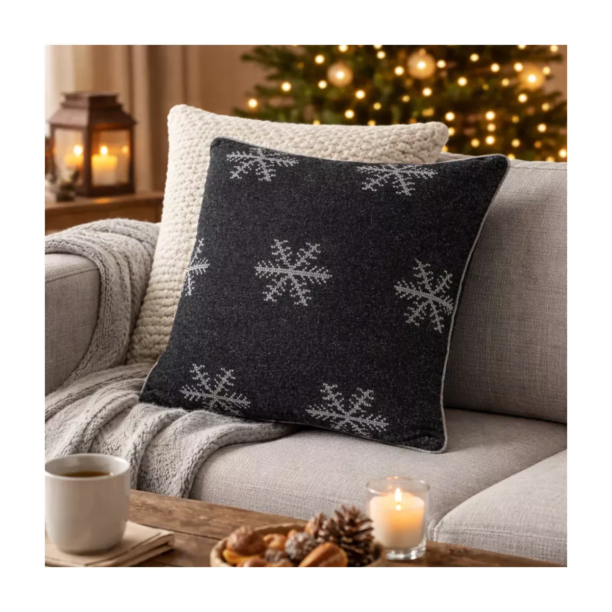 COUSSIN FLOCON NOIR ET GRIS 50X50 CM