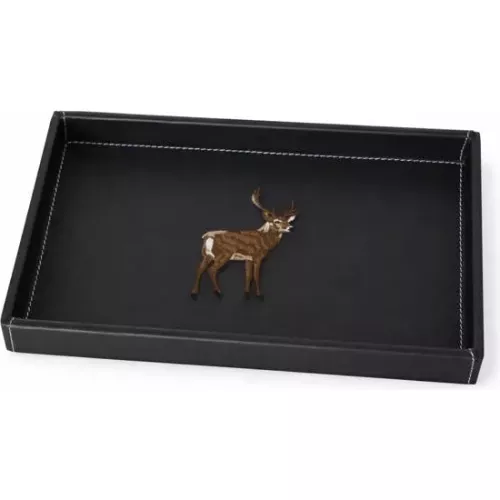 VIDE POCHE BRODÉ CERF EN CUIR NOIR