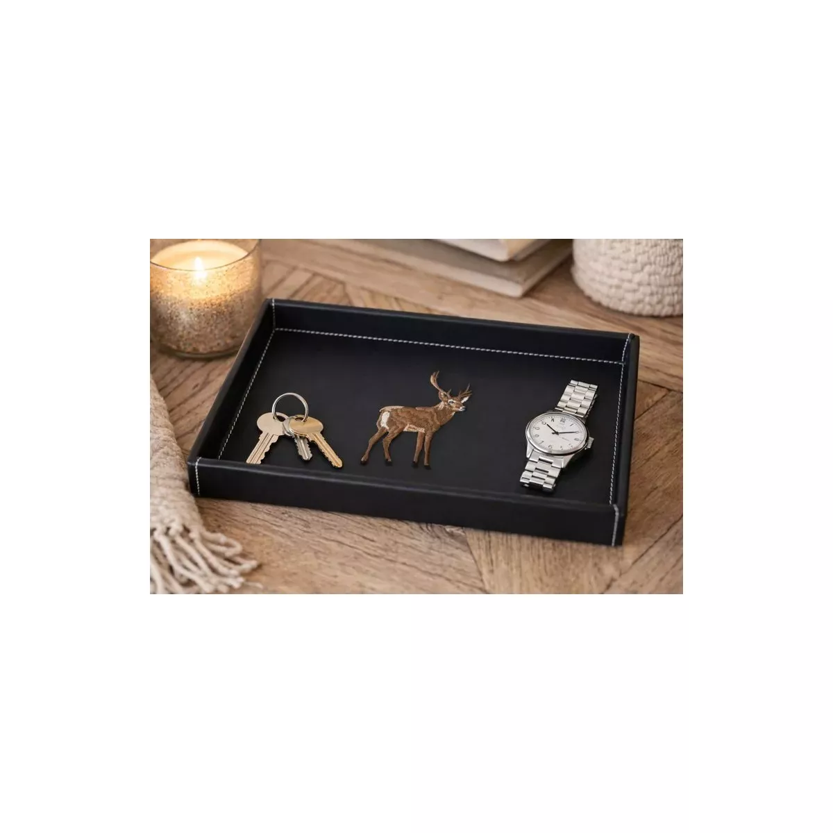 VIDE POCHE BRODE CERF EN CUIR NOIR